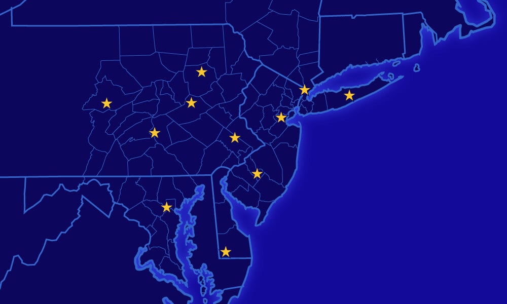 East locations: Connecticut, Delaware, Maryland, New Jersey, New York, Pennsylvania