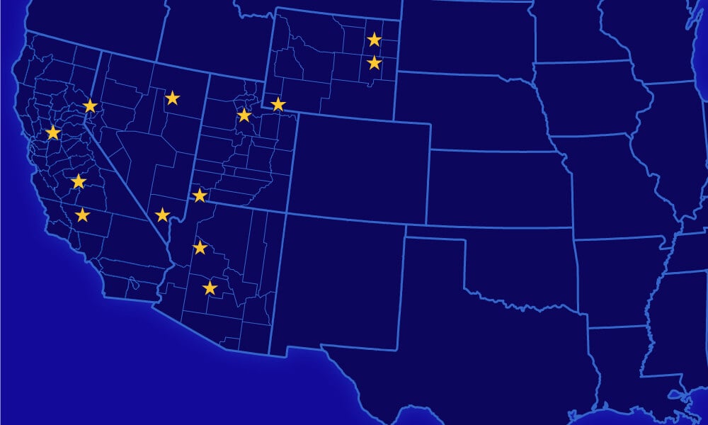 West locations: Nevada, Utah, Wyoming, California