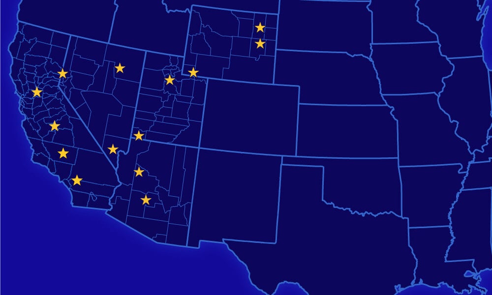 West locations: Nevada, Utah, Wyoming, California